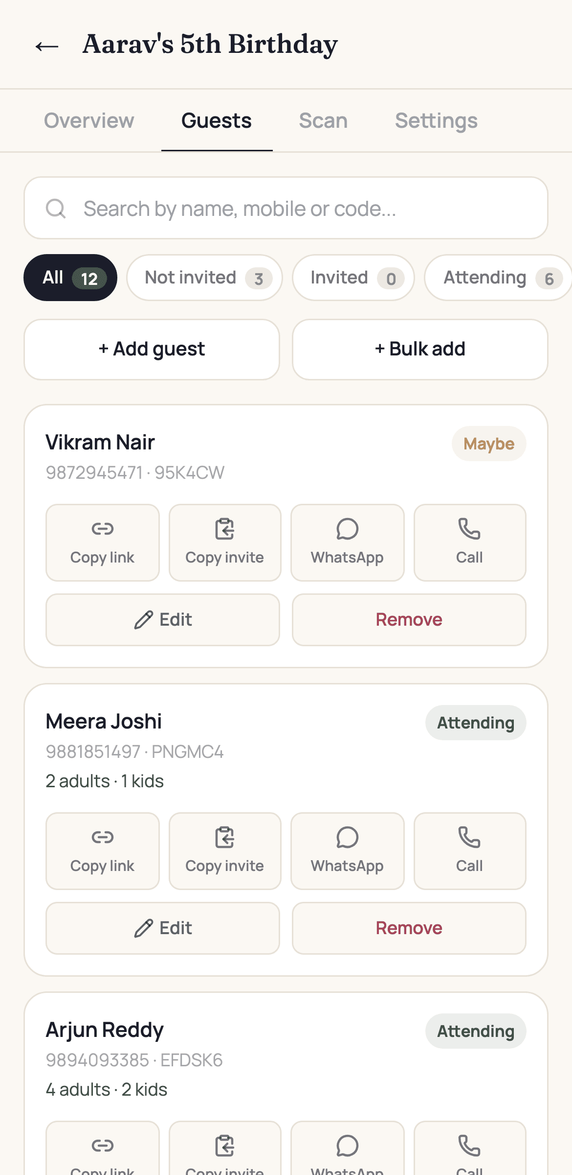 The guest list with search, status filters and per-guest actions