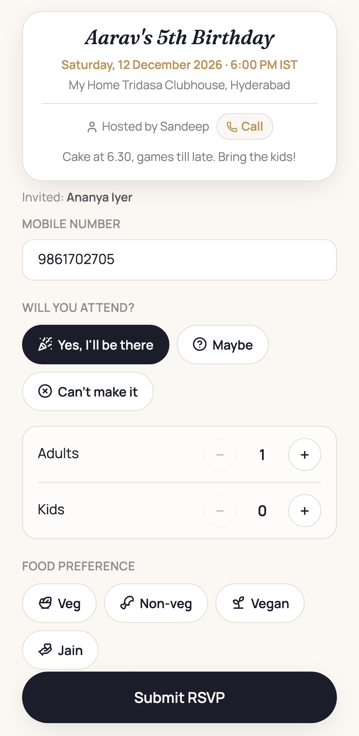 An Event Hub invitation on a phone, with attendance options and a Submit RSVP button