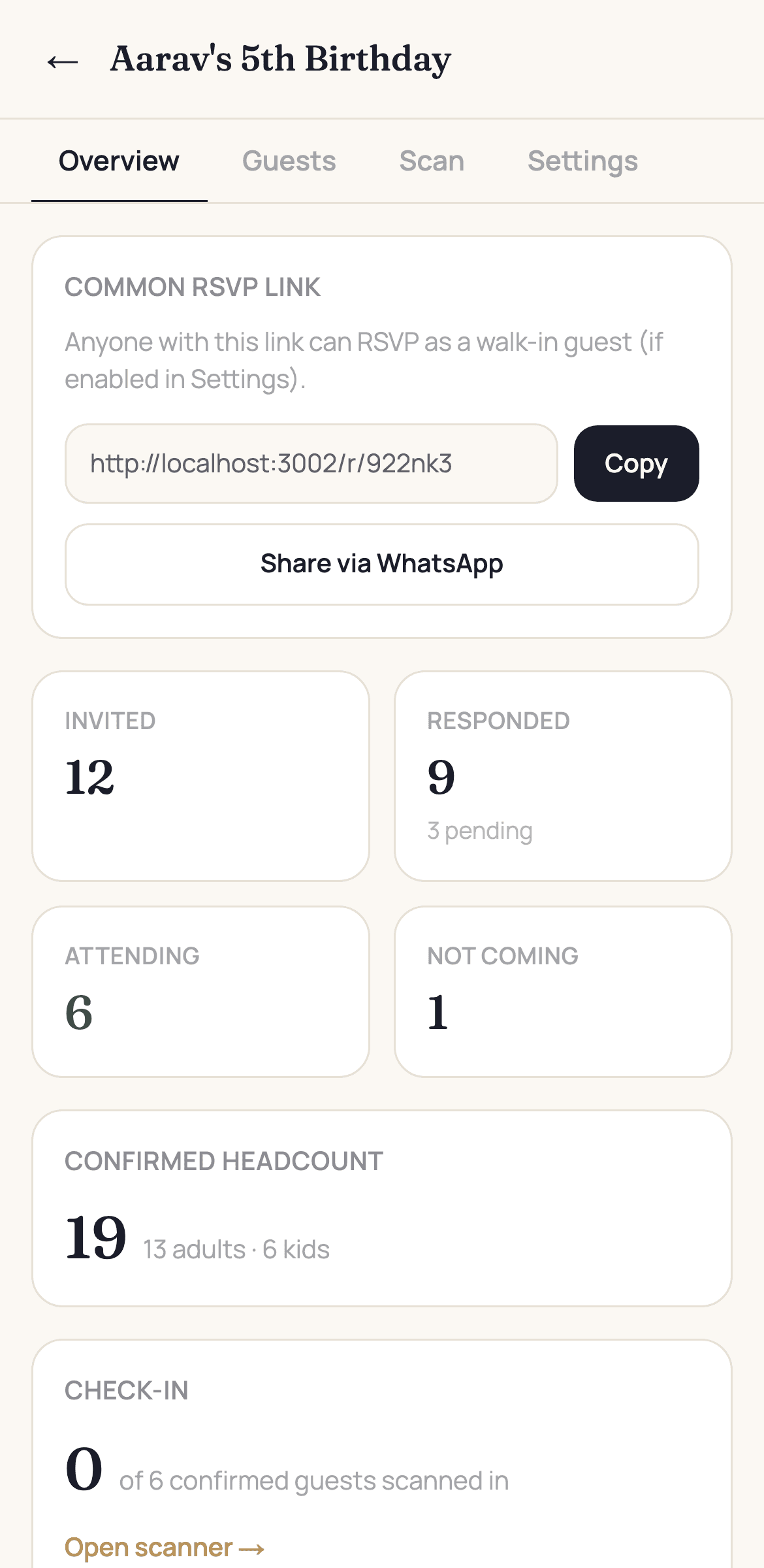 The event overview showing invited, responded, attending counts and a confirmed headcount