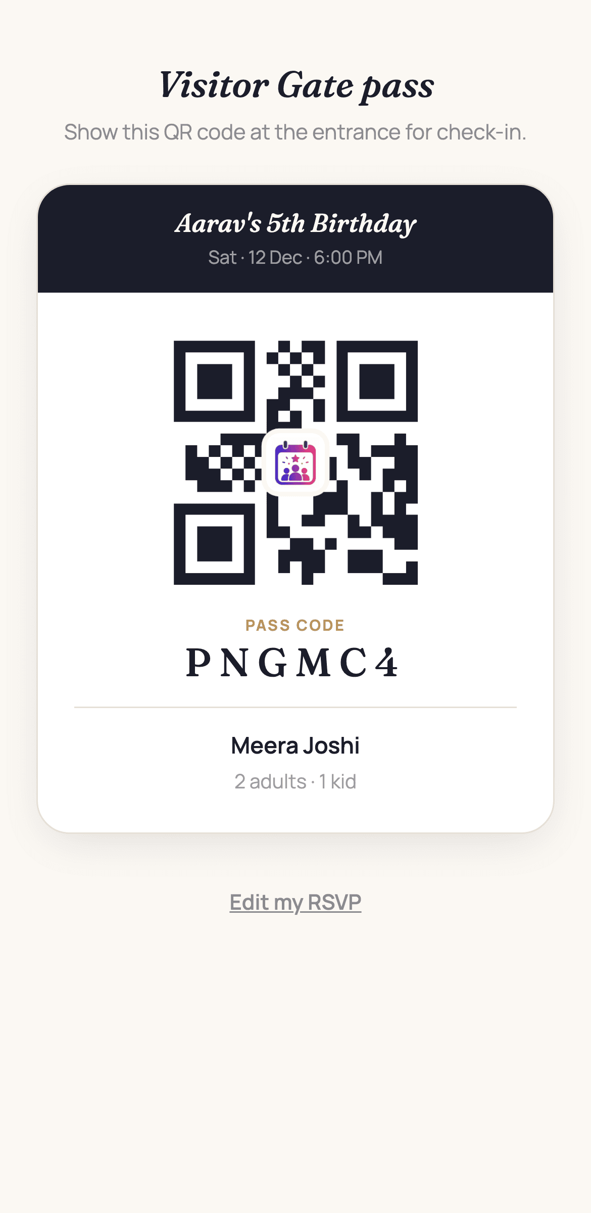 A visitor gate pass showing a QR code with the pass code below it