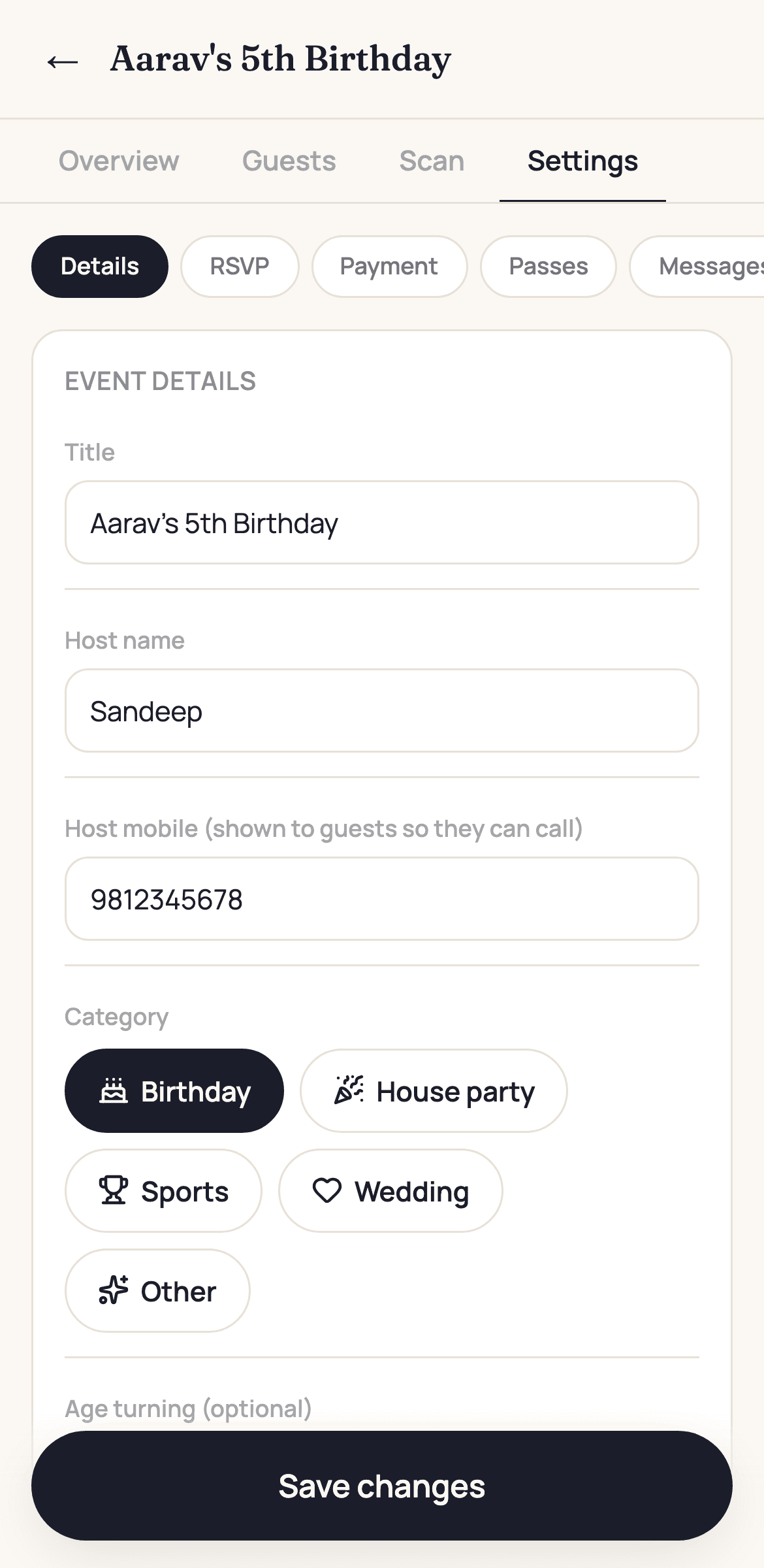 Event settings organised into Details, RSVP, Payment, Passes and Messages tabs